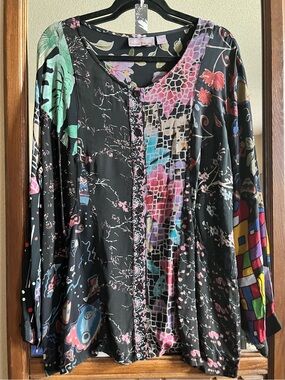Vintage Sacred Threads Black Multicolor Patchwork-Print Blouse